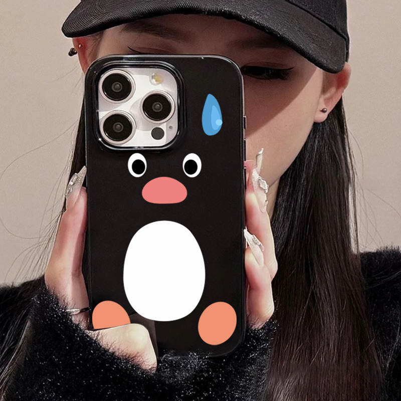 Ins Leuke Zweten Pinguïn Glanzend Zwart Telefoonhoesje voor iPhone 16 15 14 13 12 11 Pro XS Max 7 8 Plus 16E Grappige Soft Cover Fundas: PC