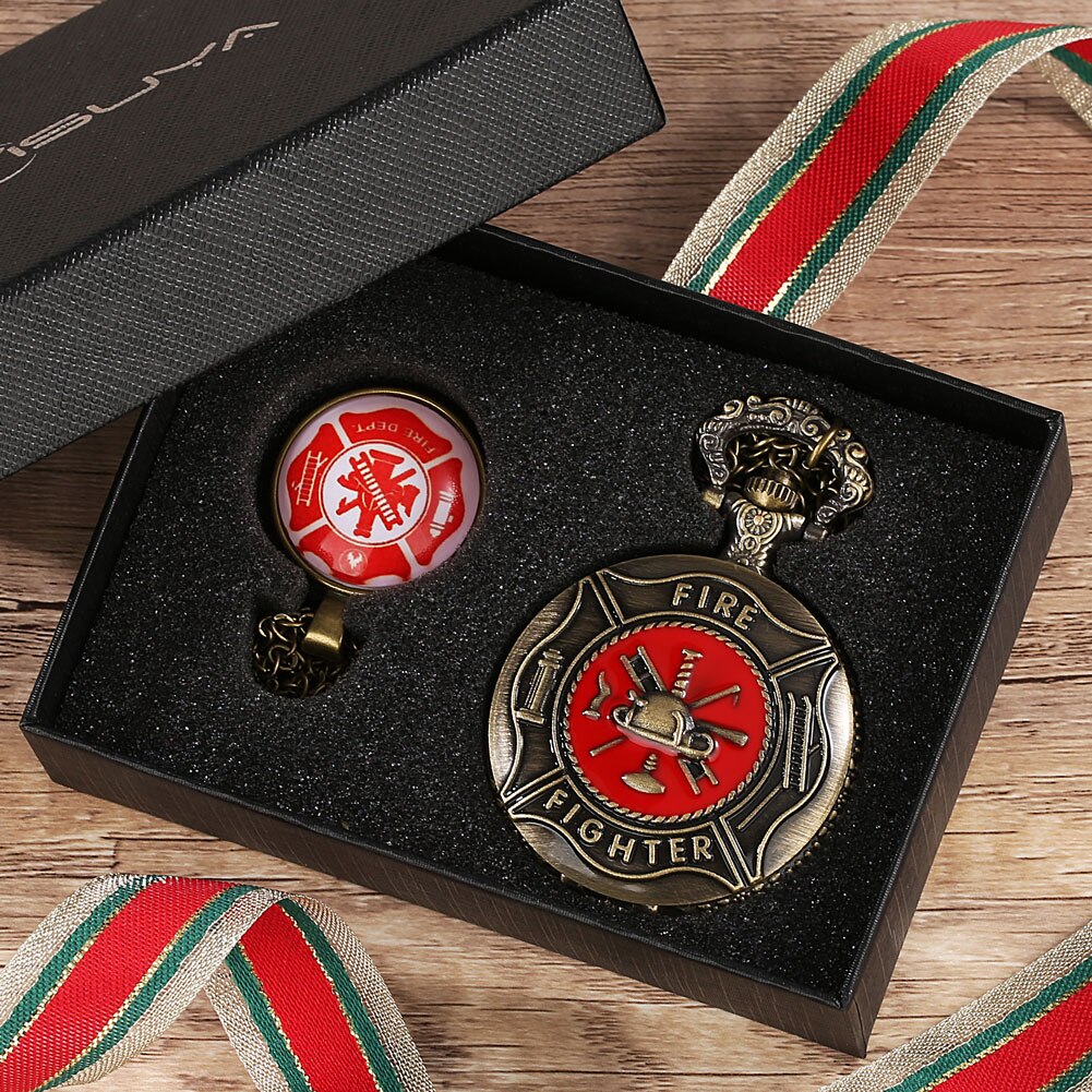 Red Fire Fighter Quartz Pocket Watch Box Set Punk Firefighter Necklace Pendant Memory Firemans Arabic Number Fob Watch Relgio