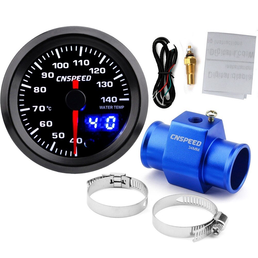 2 " 52mm 7 farver led bil vandtemperaturmåler 40-140 celsius digitalt dobbelt display med sensor og vandtemperatur sensor adapter: Med 34mm