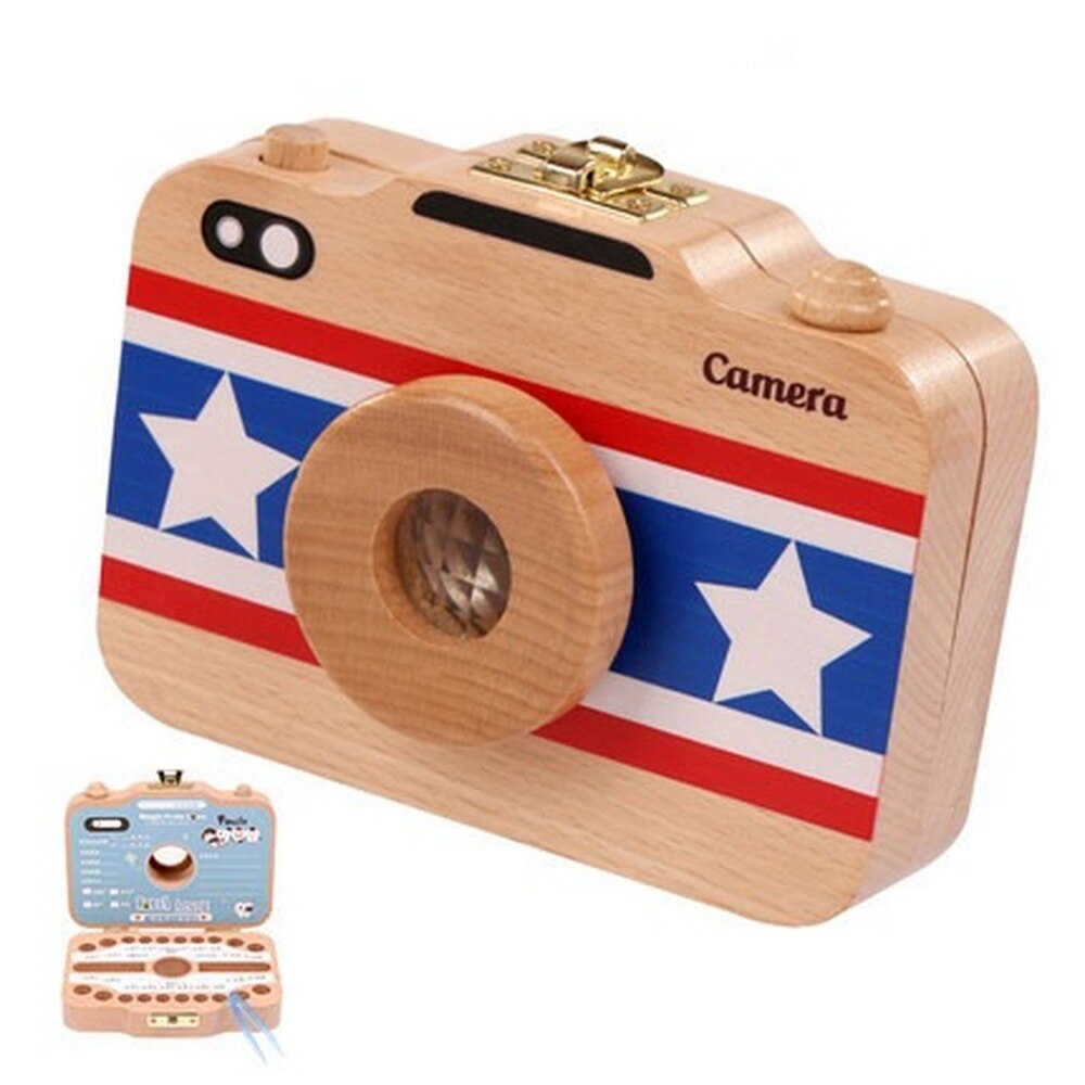 Wooden Baby Teeth Box Baby Tooth Keepsake Box Camera Shaped Wooden Container Storage Teeth Kids Tandendoosje Caja Dient: British English