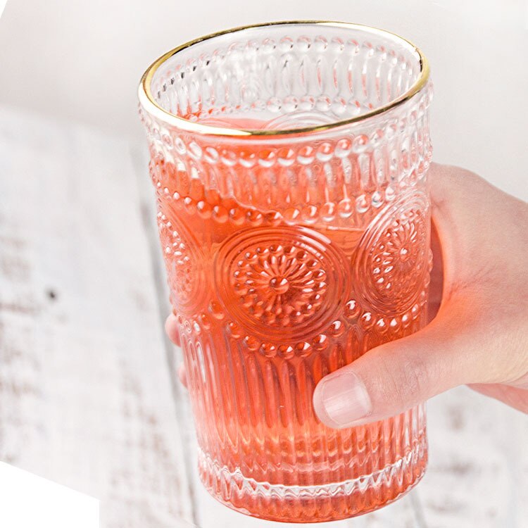 Style européen dessin Phnom Penh Ins verre épais soleil fleur en relief rétro vin verre lait boisson froide verre jus tasse