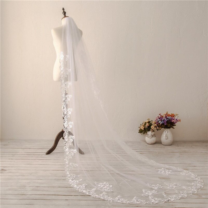 Velo de boda de gasa de 3M con borde de encaje, velo de novia con peine de tul suave, velo de novia largo y barato, accesorios para boda, velo de novia