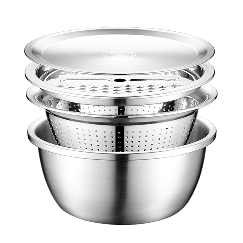 4PCS Set 304 Stainless Steel Bowl with Lid Kitchen Cooking Salad Mixing Bowls Set Washing Drain Basket Soup Basin Strainer