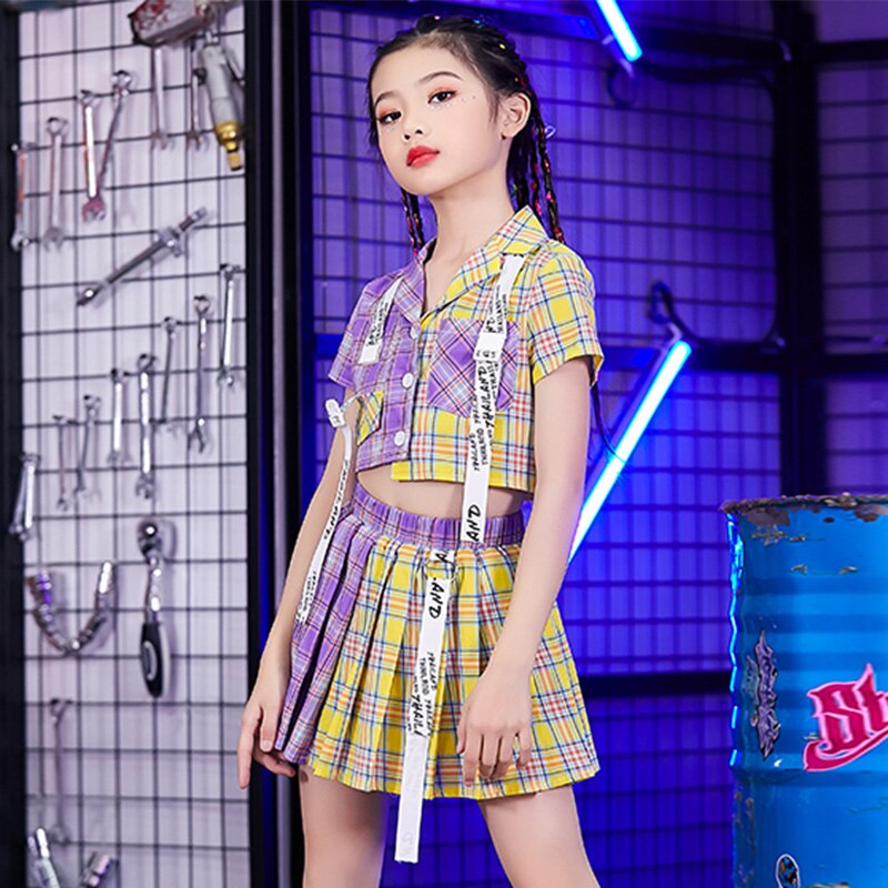 Nuevas chicas baile de Hip Hop trajes Jazz ropa de niños de a cuadros de manga corta Top falda de animadora funcionamiento DNV13214