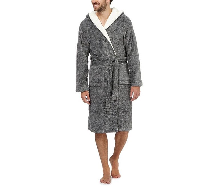 Gray Men's Sleep Robes Plus Size Polar Fleece Sleepcoat For Men Long Sleeve Thick Winter Night-robe: L