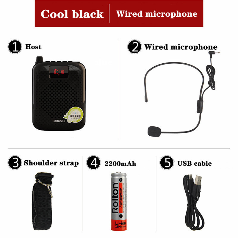 Rolton K500 Portable Bluetooth Speaker Microphone Voice Amplifier Booster Megaphone Speaker For Sales Teaching Guide: black