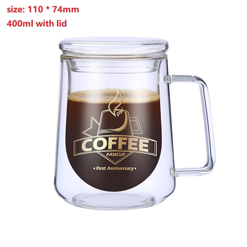 Varmebestandigt glas vandkop dobbelt lag krus med låg drik mælk kaffe juice kopper isoleret kop drikke flaske drikkevarer: D -400ml- med låg