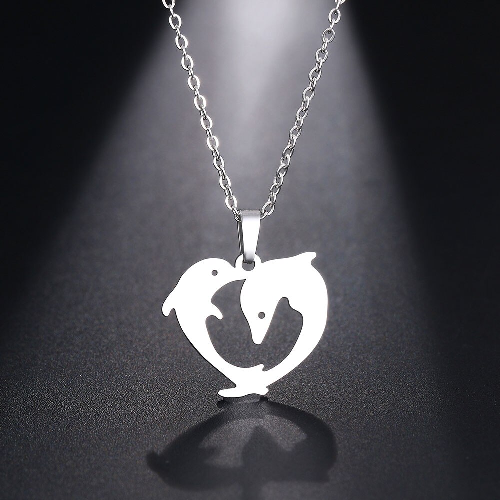 Dotifi Rvs Ketting Voor Vrouwen Man Speelse Paar Dolfijn Hanger Ketting Engagement Sieraden: Silver