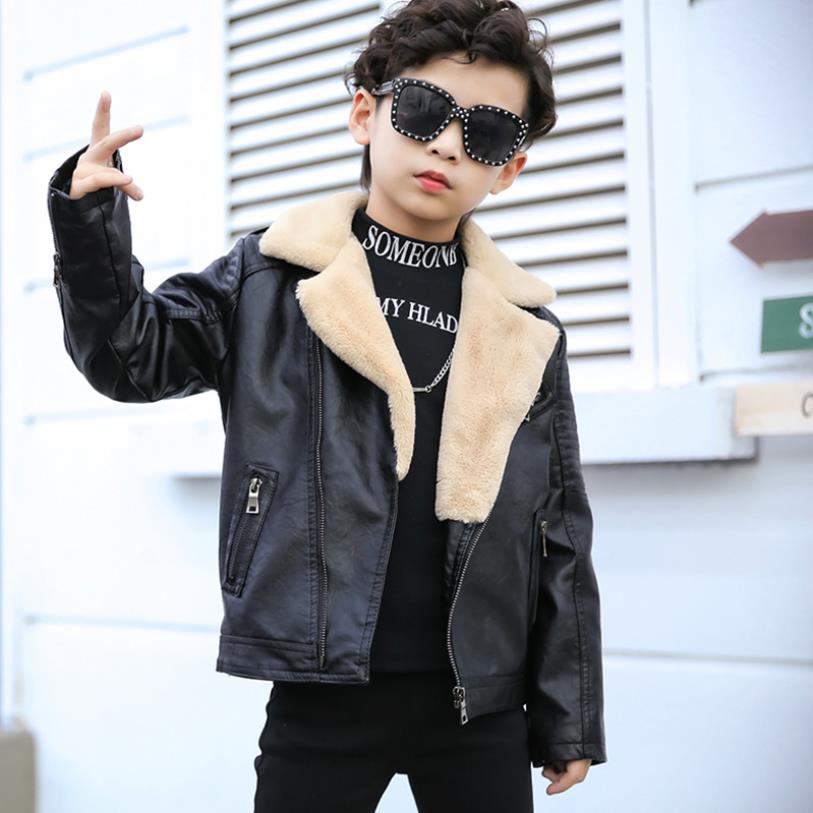 Baby boys Plus velvet Pu leather jackets autumn winter faux for collar warm coats chldren outerwear teen clothes