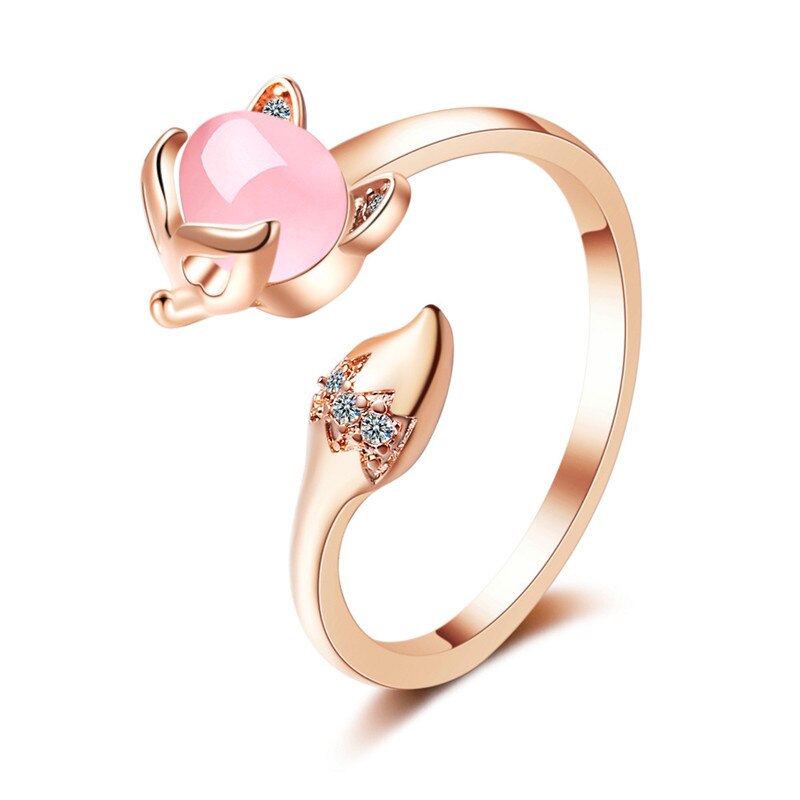 Cute Female Pink Moonstone Adjustable Ring Rose Gold Color Wedding Rings For Women Classic Promise Fox Thin Engagement Ring: rose gold