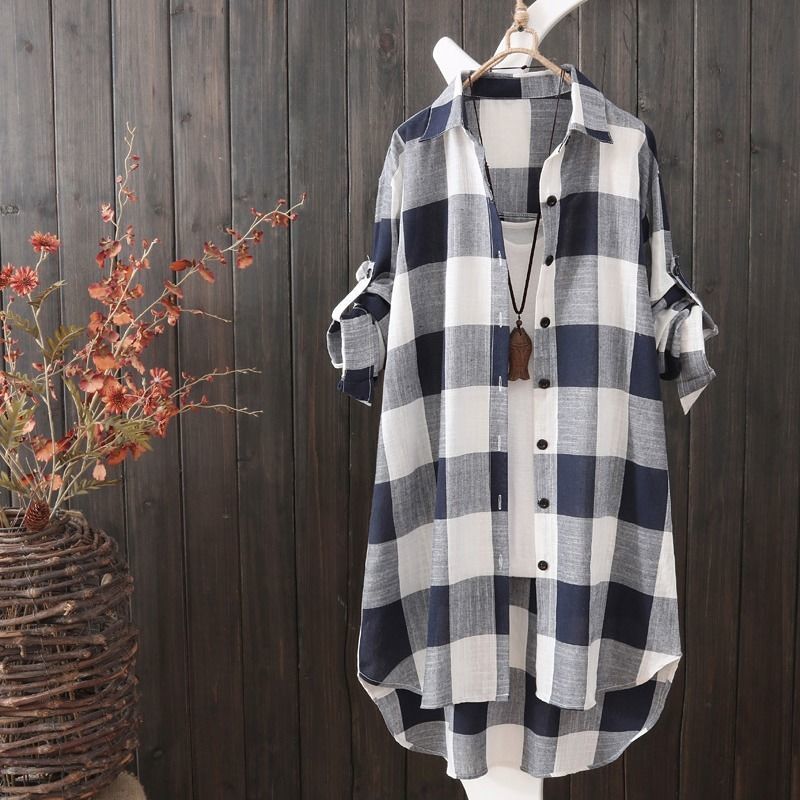 Neploe koreansk sommer solcreme bluse frakke plaid stribet langærmet skjorte mellemlang løs blusas top 4 a 893: Sort / Xxxl