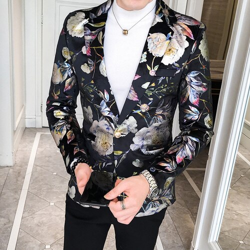 Gold Leaves Sequins Printing Suit Jacket DJ Nightclub Singers Slim Fit Men Suit Jacket Wedding Business Party Clothing Dress: Black / Asian XXL 65-73kg