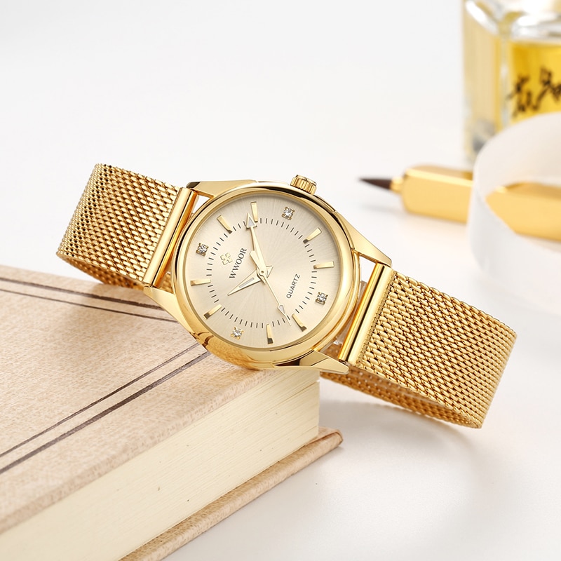 Woor luksus mærke kjole guldur dame diamant små quartz armbåndsure til kvinder stål mesh ur zegarek damski