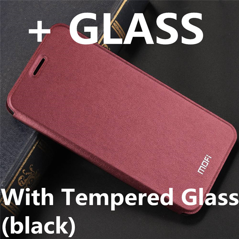 Funda de MOFI para Redmi Nota 7 caso para Redmi Nota 7 Pro Flip caso para Xiaomi Redmi Note 7 De cuero de la PU transparente protector de TPU Capas: Wine Red with Glass