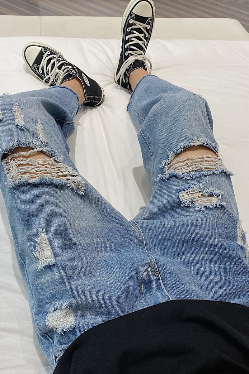 Trasigt hål slits raka ljusa blå & grå jeans koreansk stil lös trend matchande jeansbyxor för ungdomar 5xl