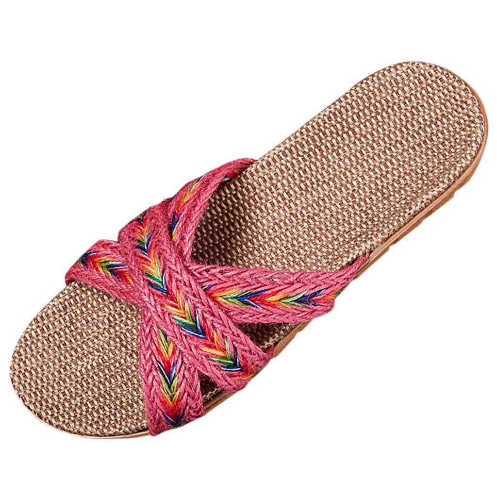 Summer Womens Open Toe Beach Slippers Shoe Slippers Men Home Summer Cross Strap Ladies Casual Shoes Linen Slippers: Pink / 35