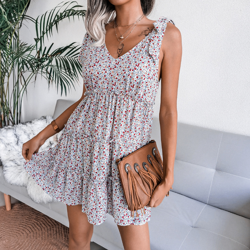 Jurken Voor Vrouwen 2022 Zomer Korte Mouw Bloemen Jurk Strap V-hals Casual Stijl Chiffon Jurk Mode Jurk