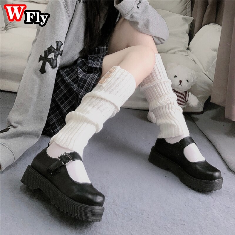 Japanese JK uniform Leg Warmers Korean Lolita girls&#39; ins Button Knit LONG socks girls pile up socks Foot warming cover: white