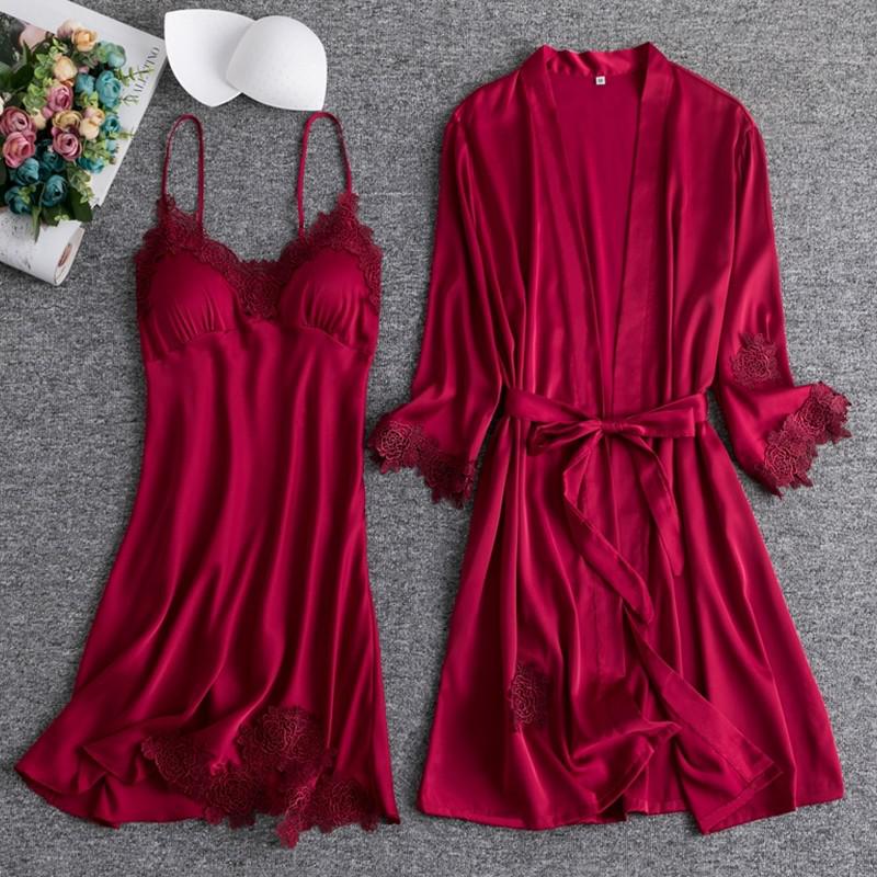 Wit Kant Bruid Bruidsmeisje Wedding Robe Set Vrouwen Zomer Nachtkleding Kimono Badjas Gown Losse Toevallige Slaap Pak Sexy Huis Jurk: M / Burgundy Robe Set B