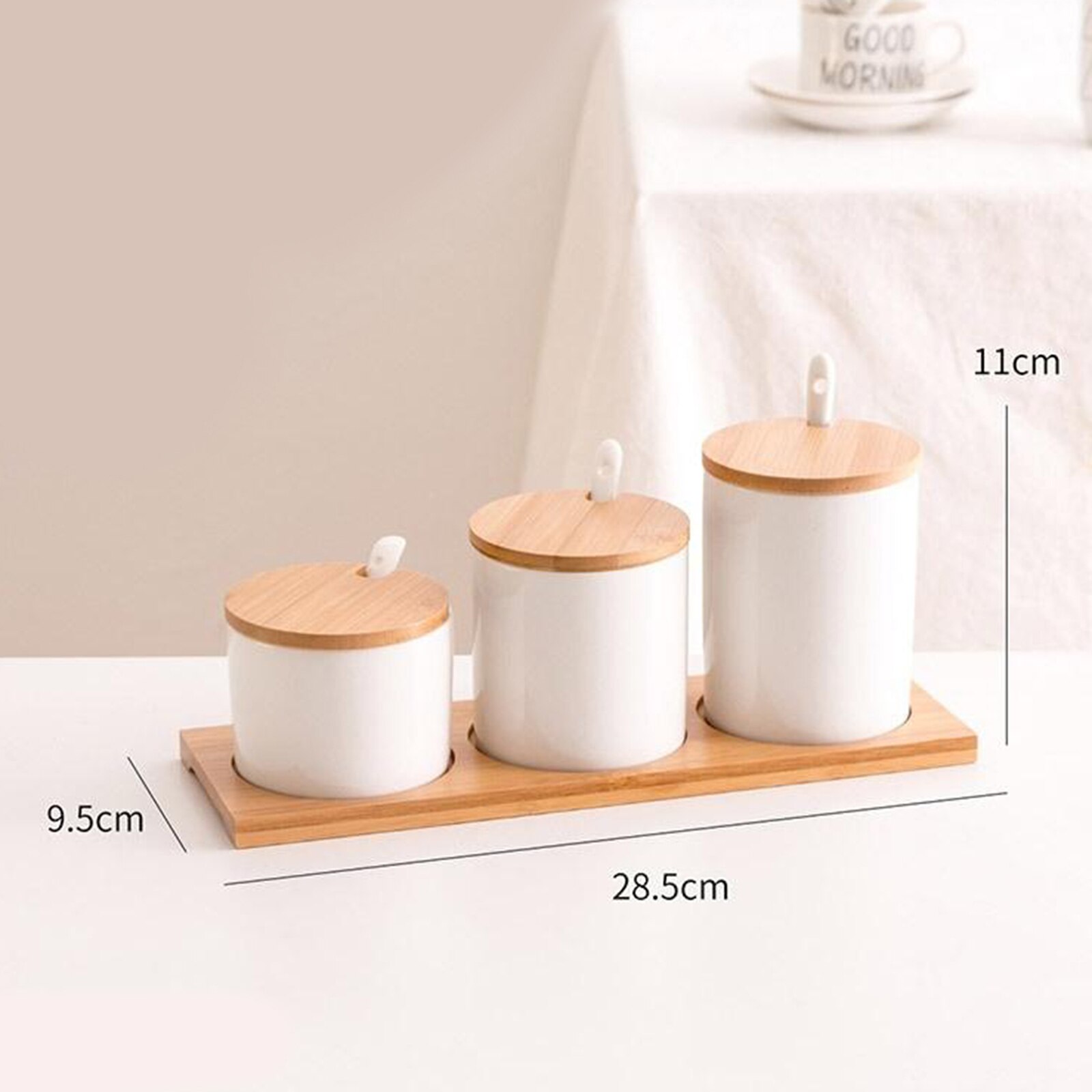 Condiment Pots Sugar Jar Bowls with Spoon and Bamboo Lid, Ceramic Seasoning Box