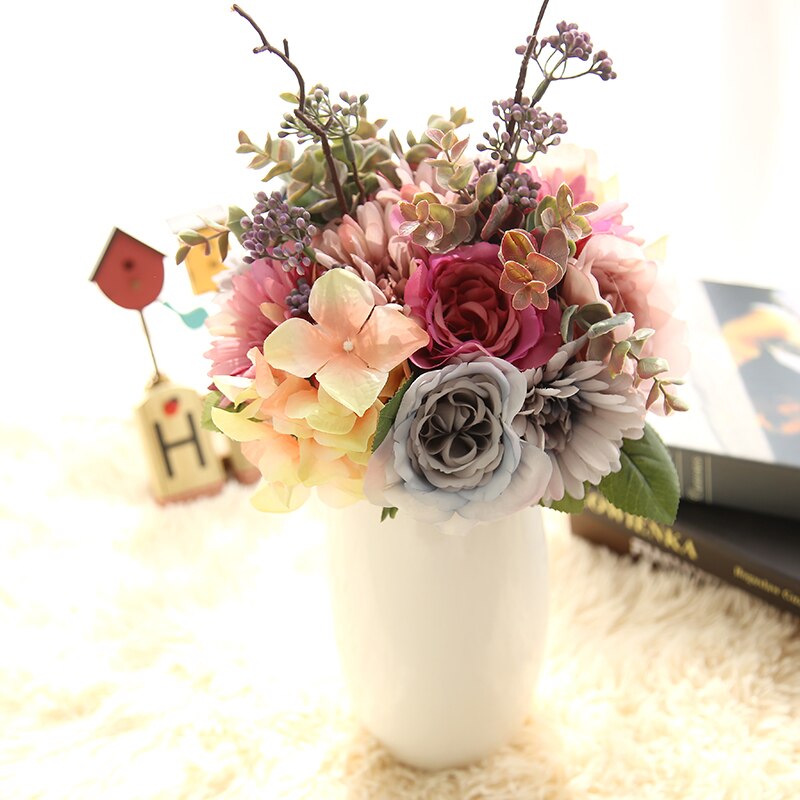 Yo cho bryllupsbukett brudepike gerbera rosebuketter kunstig hortensia silkeblomster gjør-det-selv-bryllupsutstyr hjemmekontorinnredning