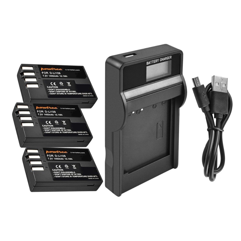 Powtree para Pentax 7,2 V 1400mAh D-Li109 DLi109 DLi 109 batería + LCD cargador para K30 K50 K-30 K-50 K500 K-500 K-S1 KS1 K-S2 KS2