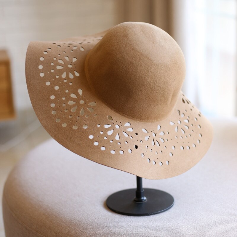 Large Brim Wool Felt Floppy Hats For Women Ladies Sun Beach Caps Female Chapeu PWFE010: camel