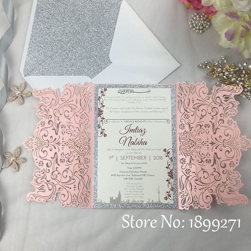 1full set flower light pink pearl wedding invitation card with gliter paper Recycled Arabic Wedding Greet thank you Card