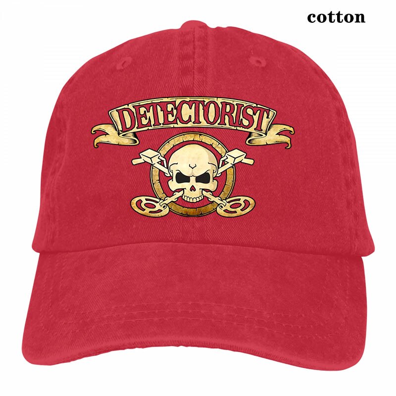 Men detectorist skull & crossbones Metal detector Treasure hunter 2 sided cotton badge Baseball cap men women Trucker Hats: 3-Red