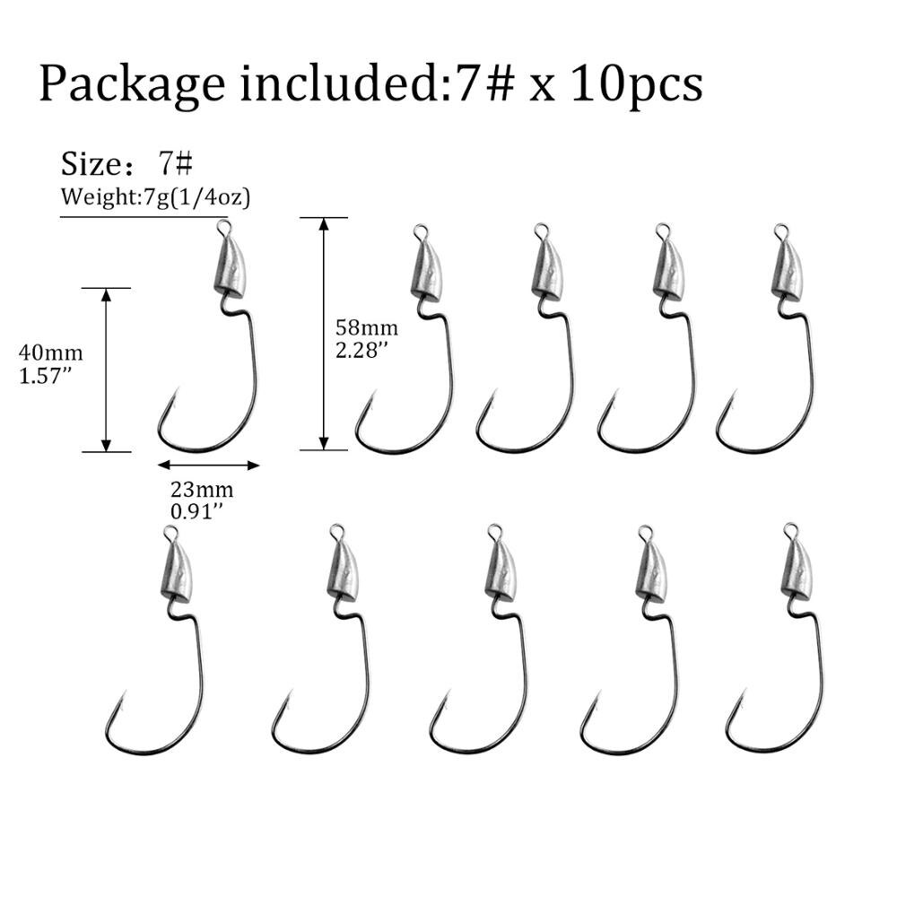 Lot de 10 têtes plombées pour la pêche de 5g 7g 10g et 14 g, crochets, ver, hameçon, accessoires, argent, Bullet Jig Head, montage texan: 10pcs 7g hook