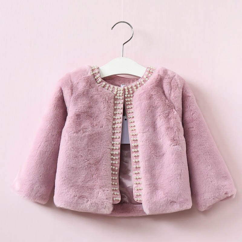 Prendas de vestir para niña, abrigo de piel falsa de manga larga, tops elegantes para niño, ropa de de cuero con perlas, trajes de Navidad: pink / 12 meses