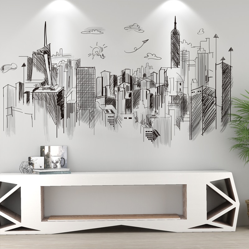 [shijuekongjian] Black Buildings Wall Decals Vinyl DIY European Style Home Decor Sticker for Living Room Bedroom Decoration