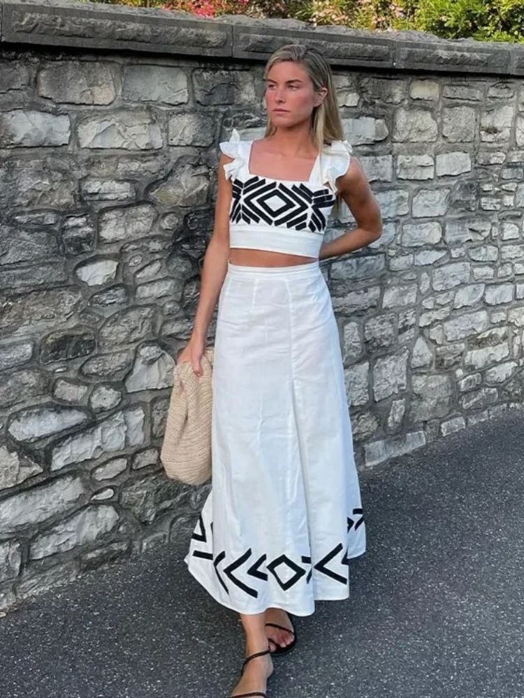 Conjuntos informales de dos piezas para mujer, Tops cortos con manga de mosca a cuadros, falda estampada, conjuntos de vestido, trajes elegantes para vacaciones 2024