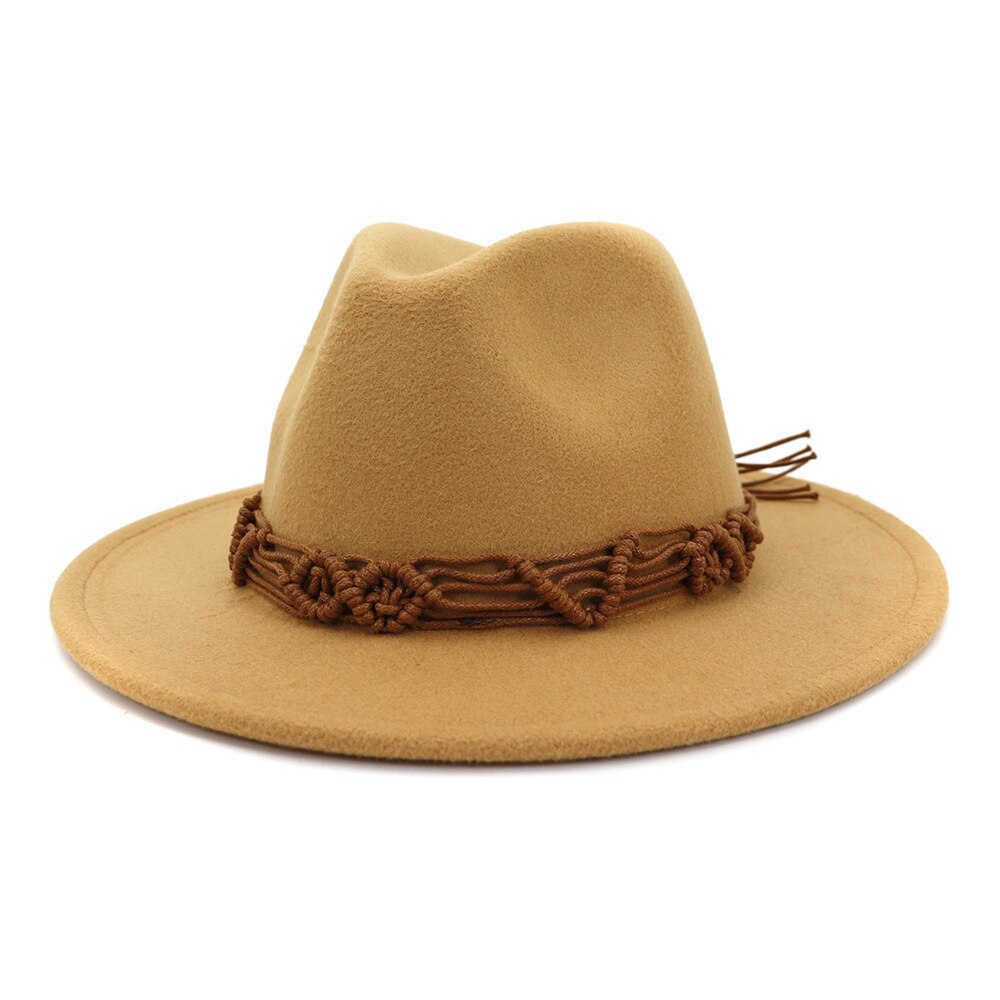 HanXi Women Hat Wool Fedoras Felt Hat Flat Brim Cap Twist Band: light tan
