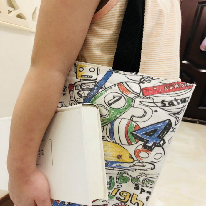 Cute Cartoon Printing Canvas Bag Reusable Shopping Bag Large Tote Bag Foldable Cotton Bags Canvas Handbag Cartoon Shopping Bag