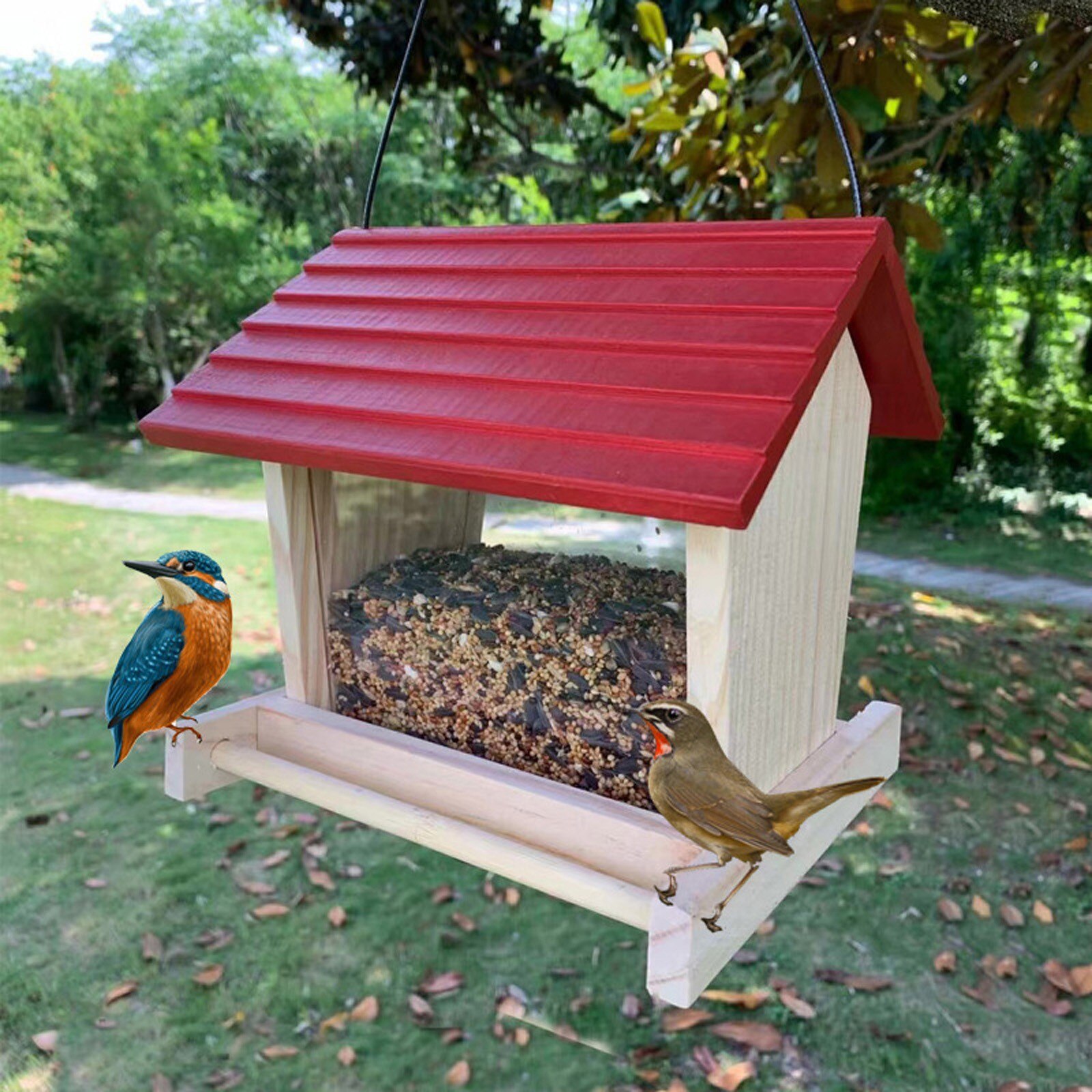 Wooden Bird Feeder Courtyard Villa Balcony Hanging Rainproof Bird Feeder
