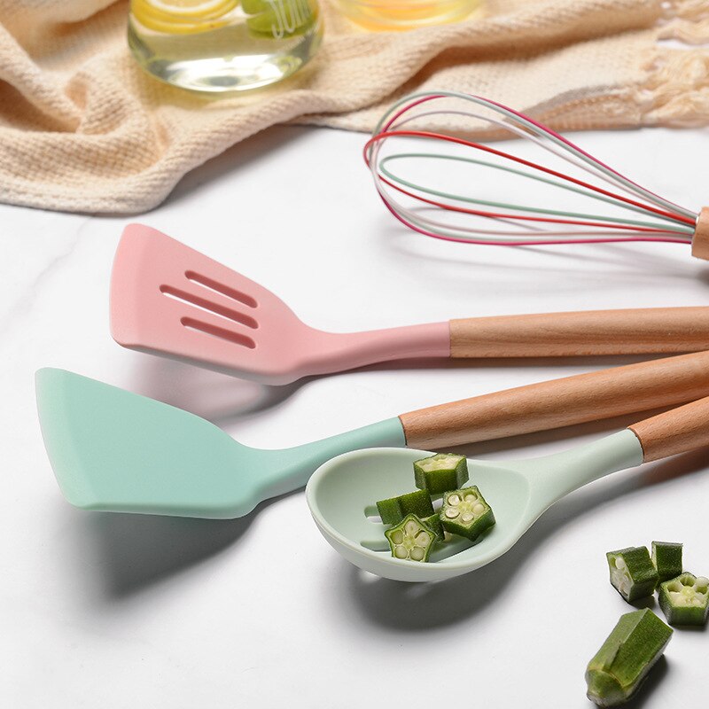 Juego de Utensilios de Silicona para la Cocina, Instrumentos para Cocinar, Espátula y Pala Antiadherente, Accesorio con Mango de Madera, con Recipiente de Almacenamiento