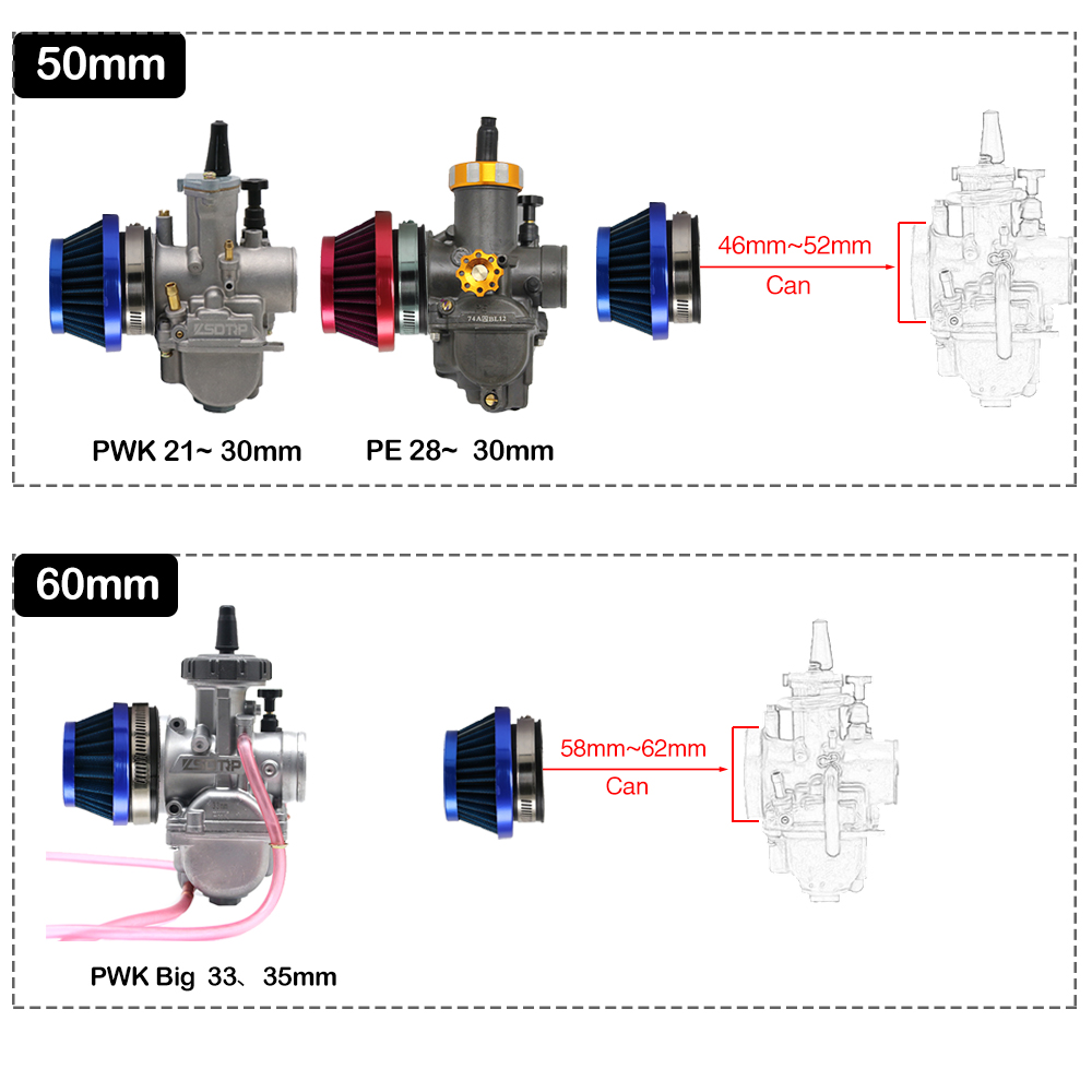 ZSDTRP 48mm 55mm 60mm Stahl Luftfilter Für 2 Hub Motor- PWK 21/24/26/28/30mm PE28 PE30 PWK 33mm 35mm Vergaser ATV UTV Quad