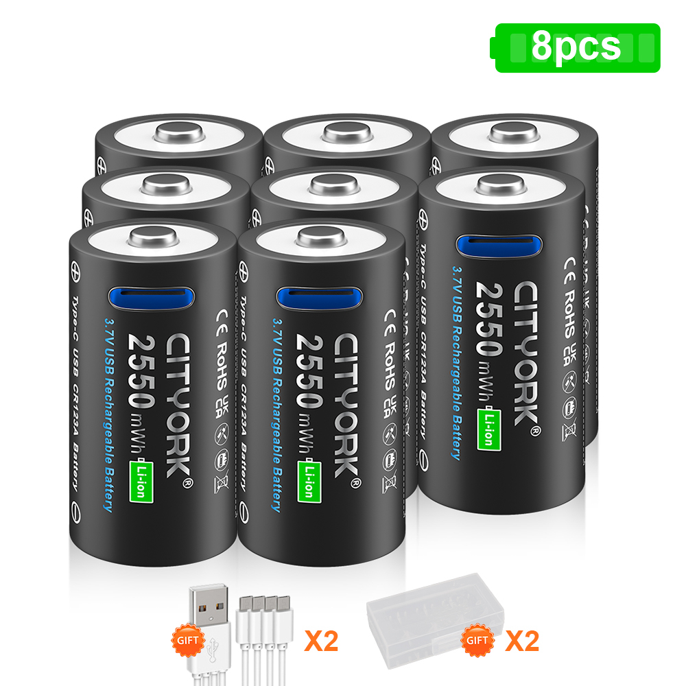 CITYORK CR123A Bateria 2550mWh 3.7V Akumulator Li-ion 16340 Do Latarki LED 16350 RCR123 Bateria + Kabel USB Type-c: Czerwony
