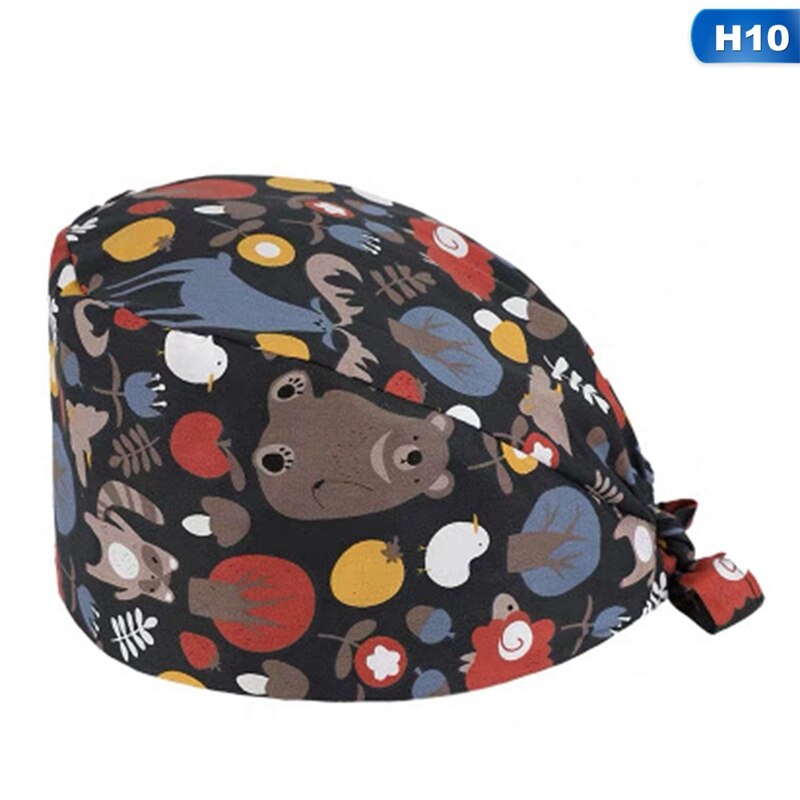 Scrub Hat With Button For Mask Straps - Cartoon Print, Cotton, Sweat-Absorbent (Pet Shop Beauty Design, X-Large)