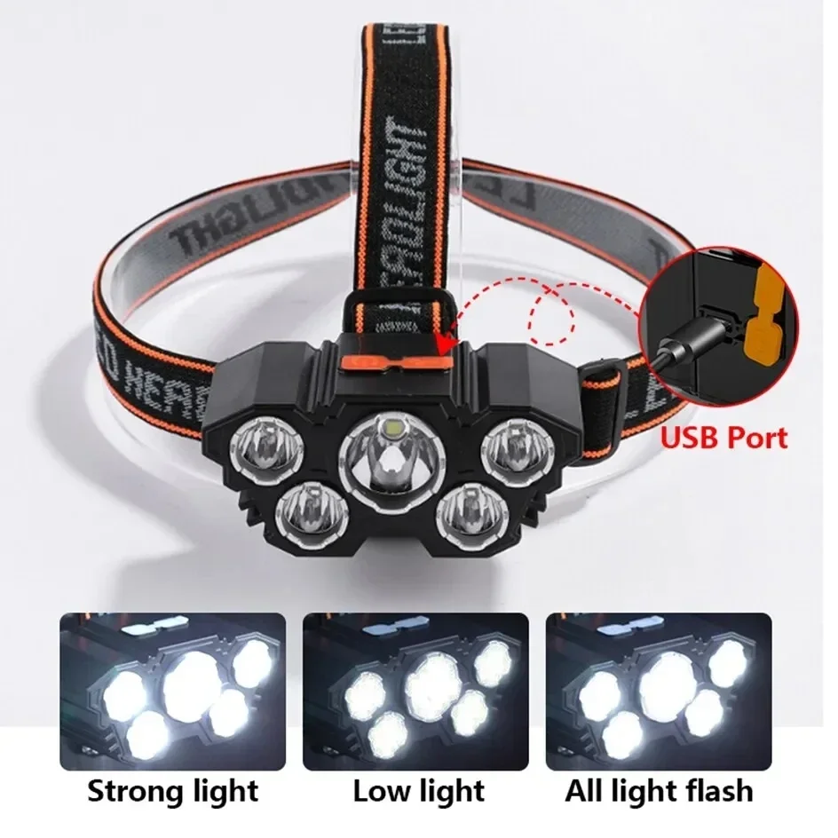 Linterna frontal de luz fuerte 5LED, linterna para cabeza de pesca recargable por USB, linterna para acampar y ciclismo, lámpara de mina montada en la cabeza