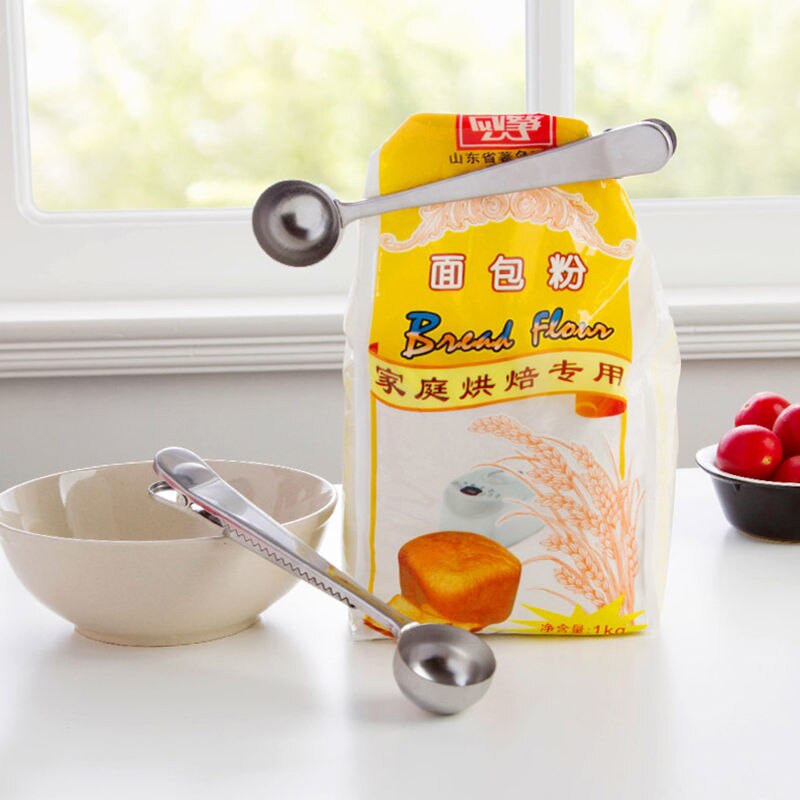1pc cucharas medidoras multifunción útiles de acero inoxidable para té molido, café y azúcar, cuchara para 1 taza de café molido con clip para sellar bolsas.