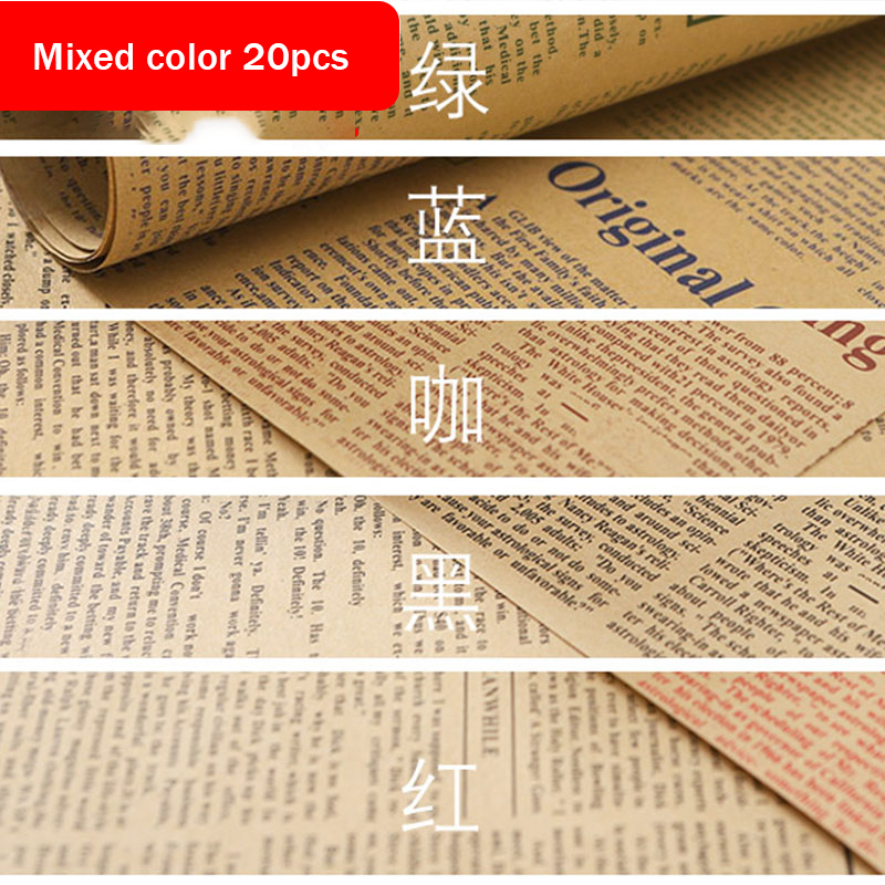 Papel de envoltorio de flores, Material de papel Kraft Retro de periódico inglés, ramo Floral, flor de embalaje: Mixed color 20pcs