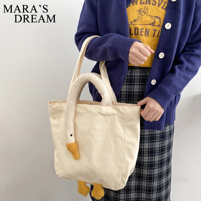 Mara 'S Droom Vrouwen Schoudertassen Pluche Grote Gans Tote Eenvoudige Pols Tassen Leuke Zachte Handtas Canvas Winkelen tas Meisjes