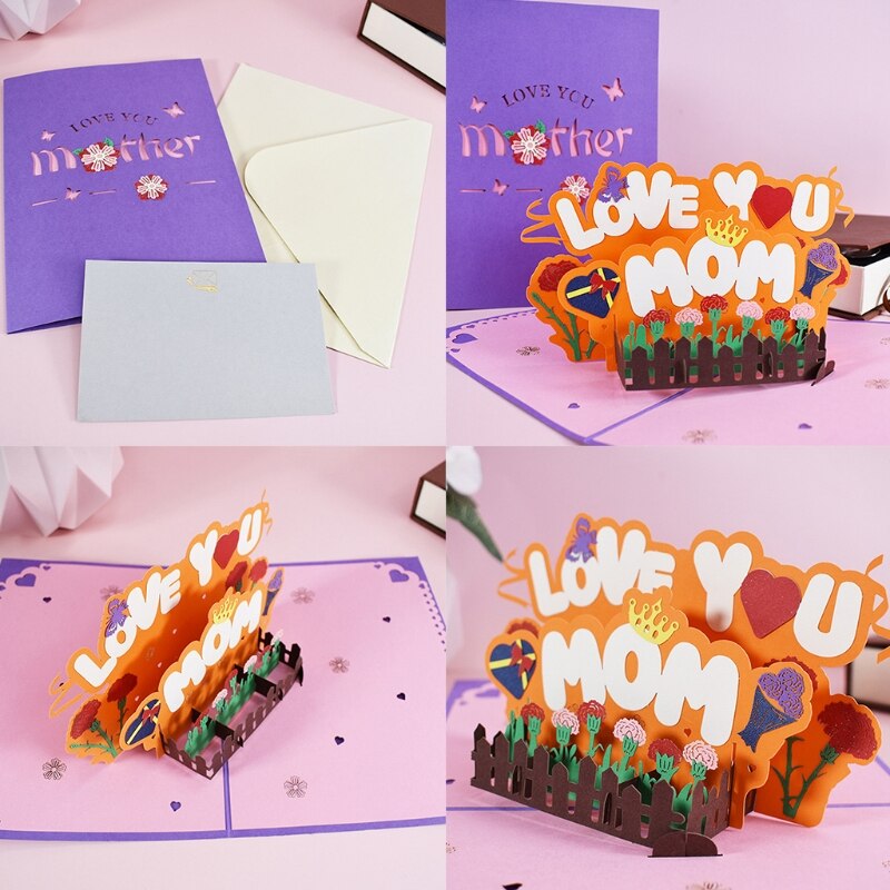 3D Pop-Up Love You Mom Greeting Card for Happy Birthday Mother's Day Envelope