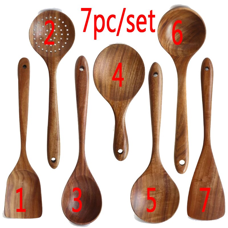 7 Piece Wooden Spoons, Wooden Spoons for Cooking Reusable Wood Kitchen Utensils Set Tools for Cooking Nonstick Cookware: 7pc