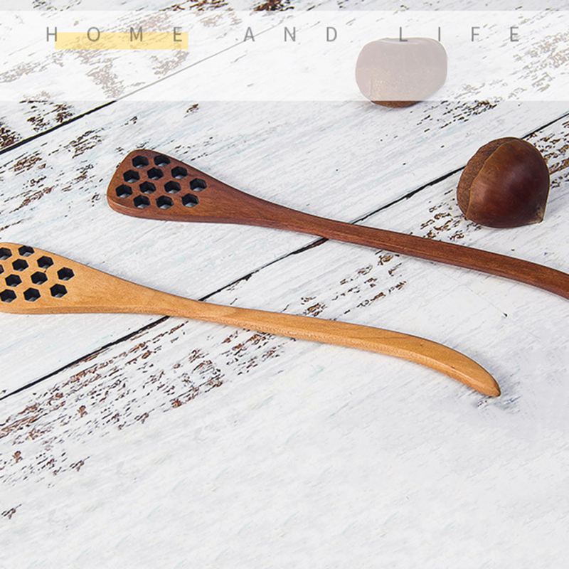 Lotus Wood Spoon with hole 18.5cm Long Handle Natural Wooden Household Honeycomb Stirring Spoon Coffee Tea Honey Spoon Double .