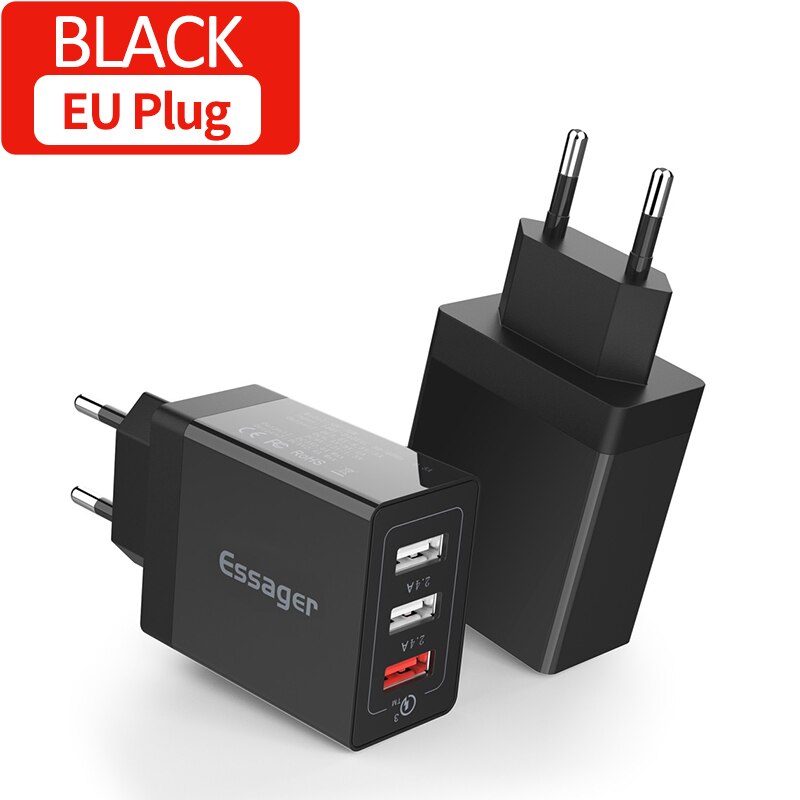 Essager 30W USB Charger QC3.0 QC 3.0 Fast Charging Multi Plug Mobile Phone Charger Wall Adapter For iPhone Samsung Xiaomi mi: EU Plug Black