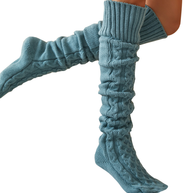 Female Knitted Stocking, Ladies Solid Color Knee-High Socks Long Tube Socks for Fall Winter, Blue/Black/Gray