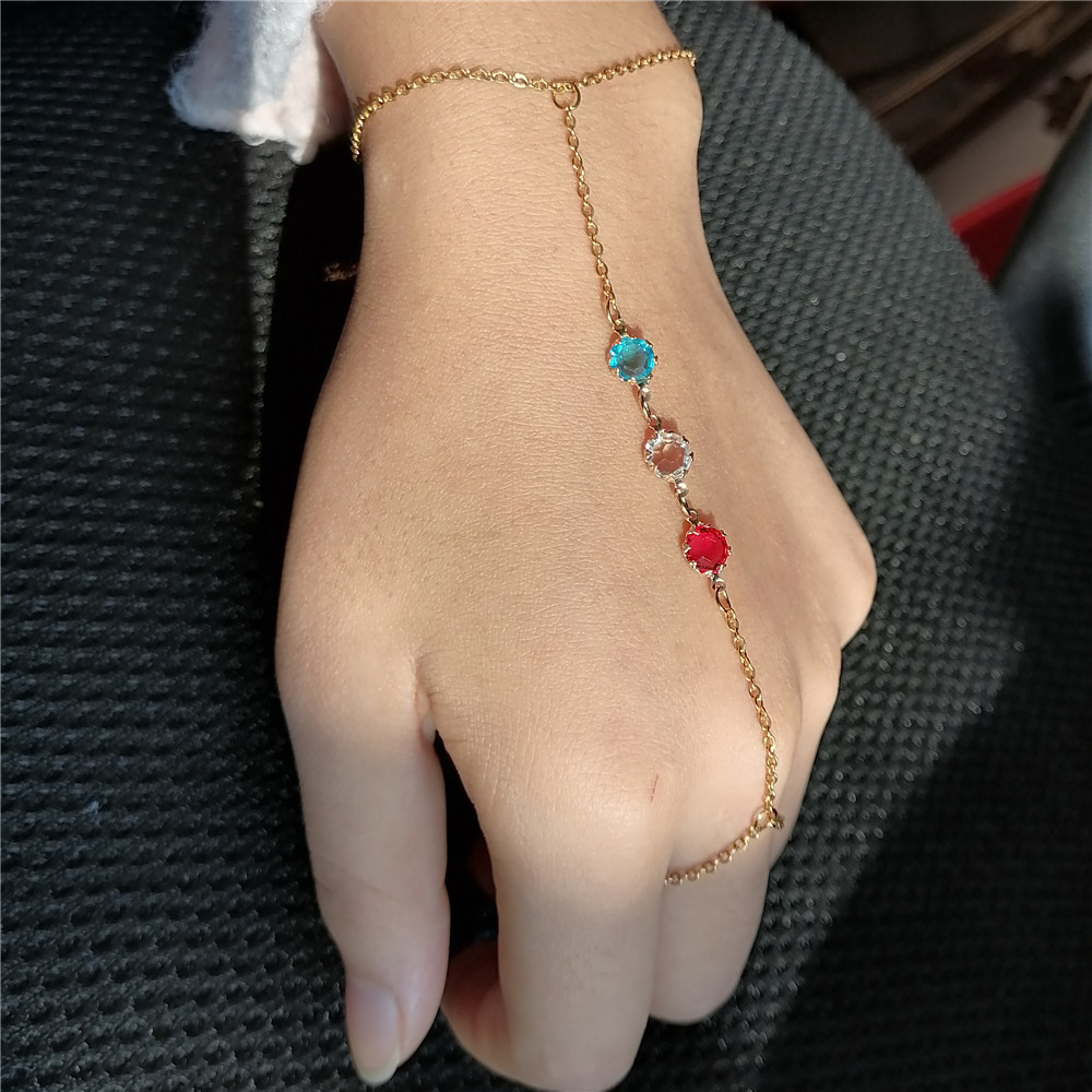 MinaMaMa Mode Eenvoudige Rvs Kleurrijke Crystal Link Chain Vinger Armbanden Voor Vrouwen Vinger Hand Chain Sieraden